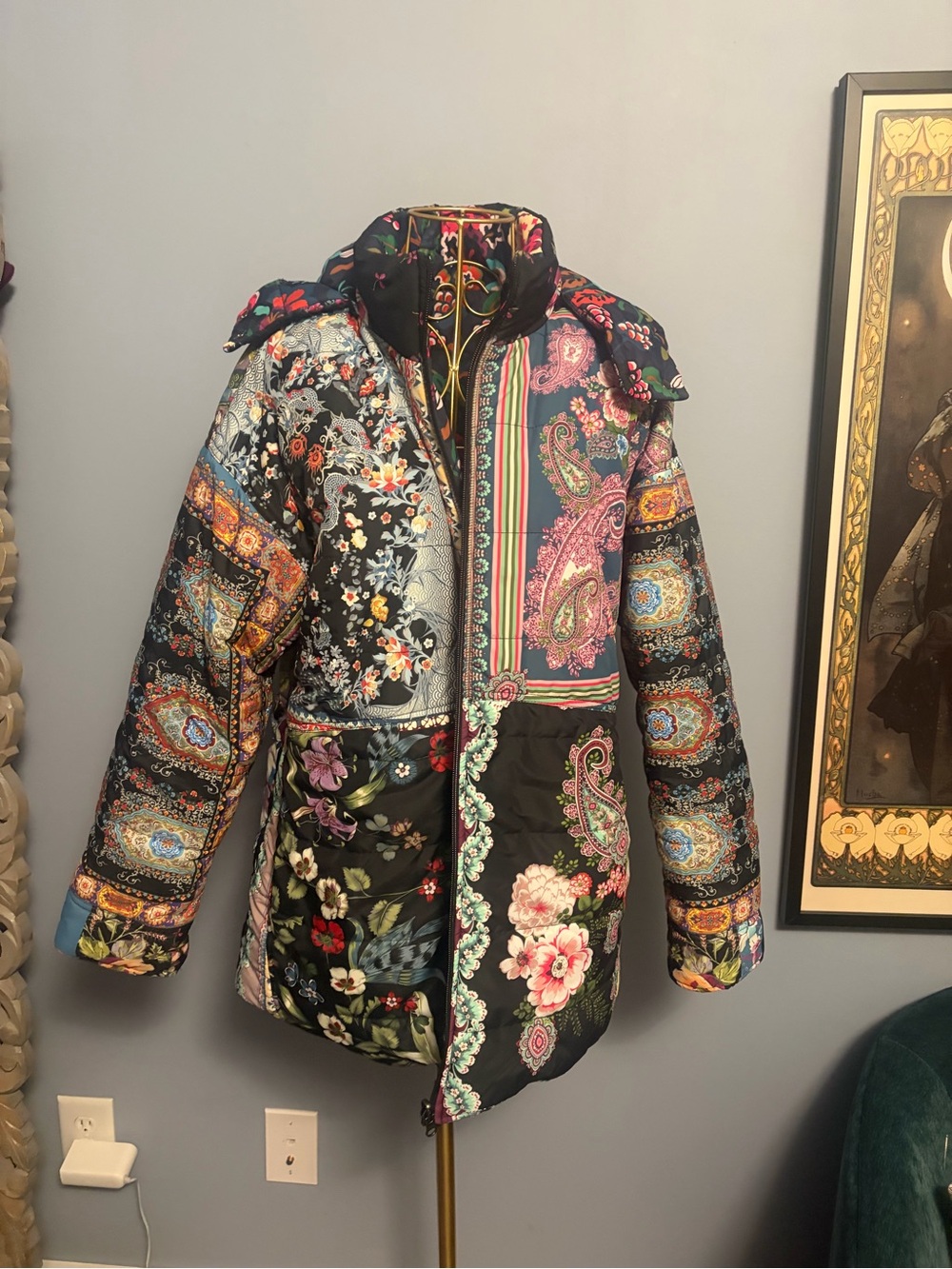 Johnny Was Reversible Floral Patchwork Quilted Coat in Black